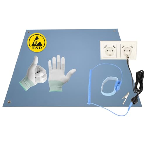 Minadax 60 x 40cm Antistatik ESD Computer Matte Tischmatte „Premiumqualität“ inkl. Manschette + 2,4m Verlängerung + ESD Handschuhe GR-L von Minadax