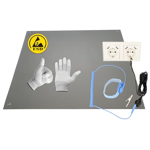 Minadax 80 x 30cm Antistatik ESD Computer Matte Tischmatte „Premiumqualität“ inkl. Manschette + 2,4m Verlängerung + ESD Handschuhe GR-L von Minadax