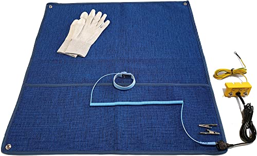 Minadax Innovative Anstistatik Arbeitsmatte 60cm x 60cm | Antistatisches ESD Gewebe - High-Tech-Textil - Kein Silikon | + ESD Manschetten-SET 2,4m + Erdungs-BOX + ESD Antistatik-Handschuhe von Minadax
