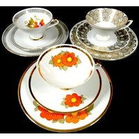 1 Vintage Bavaria Winterling Trio Teetasse Und Untertasse 3-Teiliges Set Schöne China Gold Orange Pink Lila Blumentasse von MinasTreasureChest