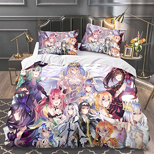 DATE A LIVE Bettbezug mit 2 Kissenbezügen, 3D-Tokisaki Kurumi, bedruckt, mit Reißverschluss, 3-teilig, weiche Mikrofaser, 135 x 200 cm von Minctong