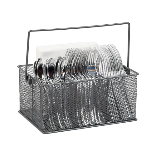 Mind Reader Network Collection, 4-Compartment Utensil or Supply Caddy with Handle, Countertop or Desktop Organizer, Metal Mesh, 10" L x 7" W x 4.75" H, Gray von Mind Reader