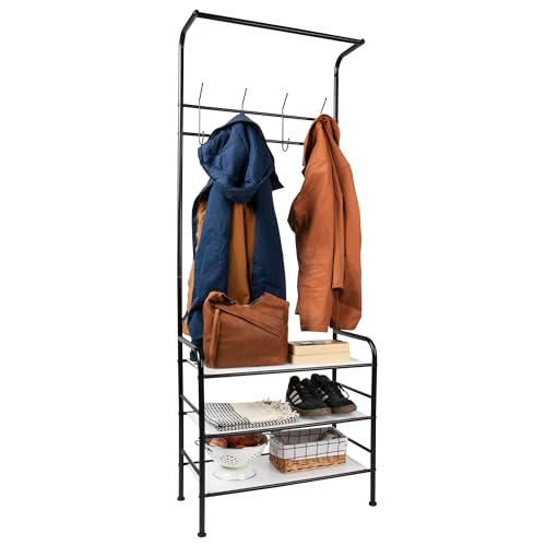 Mind Reader Alloy Collection, Coat and Shoe Rack with 4 Multi-Functional Hooks, 3 Shelves and a Top Hanging Rod, Metal, 24" L x 12.5" W x 65" H, Black von Mind Reader