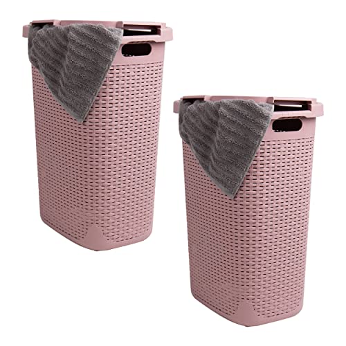 Mind Reader Basket Collection, schmaler Wäschekorb, 60 Liter Fassungsvermögen, ausgeschnittene Griffe, befestigter Klappdeckel, belüftet, 2er-Set, rosa von Mind Reader