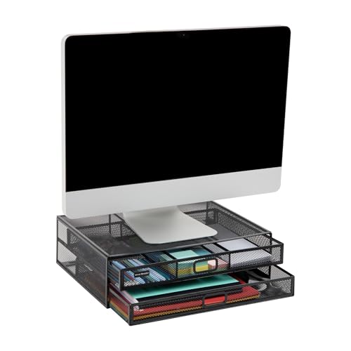 Mind Reader 2TDMESHY-BLK Monitorständer aus Metall mit 2 Schubladen, Schreibtisch-Organizer, hält PC, Laptop, Notebook, Drucker und mehr, schwarz, Drawers von Mind Reader