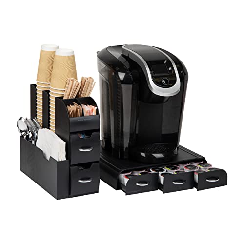 Mind Reader Anchor Collection, 3-Drawer Single Serve Pod Organizer, 36 Pod Capacity, 13.5" L x 12.25" W x 2.5" H and 10-Compartment Cup and Condiment Set, 5.35" L x 11.25" W x 11.15" H, Black von Mind Reader