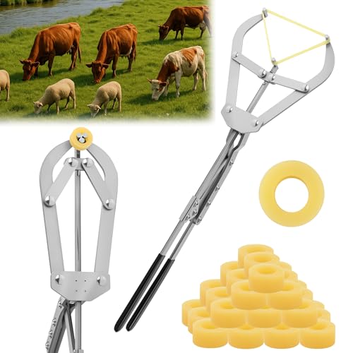 Mindoub 50 Elastratorbänder mit extra großem Edelstahl-Bandierwerkzeug, Bander für Tierhaltung, passend für Bullen, Kälber, Ziegen, Schafe, einfache Anwendung von Mindoub