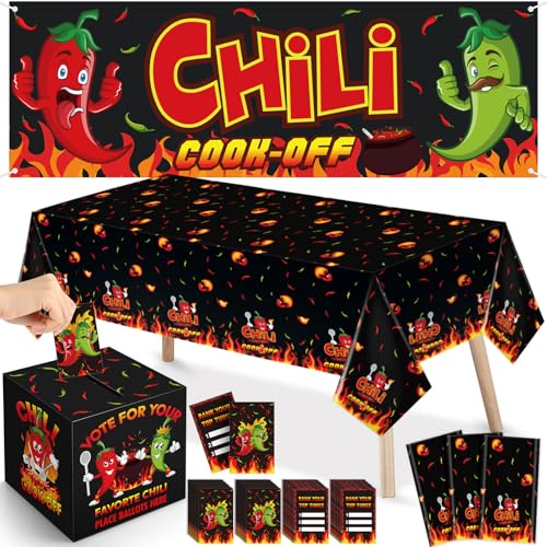 Mindsoft Chili Cookoff Dekorationsset, 65-teilig, 3-teilig, Einweg-Tischdecke, Pfefferbanner, Wettbewerbs-Wahlurne mit 60 Stimmkarten für mexikanische Fiesta, Kochwettbewerb, Partyzubehör von Mindsoft