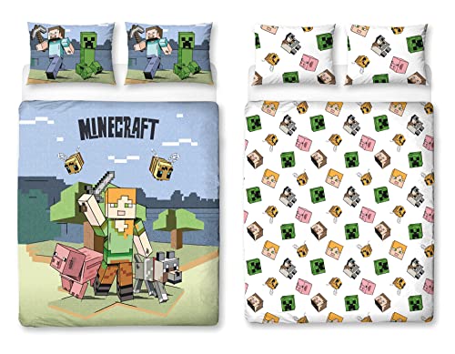 Minecraft Character World Offizielles Bettwäsche-Set für Doppelbett, Abenteuer-Gaming-Design, wendbar, 2-seitige Bettwäsche, inkl. passenden Kissenbezügen, Marken für Doppelbett von Minecraft