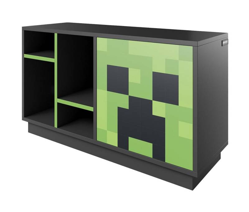 Minecraft Lowboard mit Push to Open Tür & 4 offenen Fächern - aus Holz, TV Sideboard mit Kabeldurchführung - Grau mit Creeper Minecraft Motiv von Minecraft