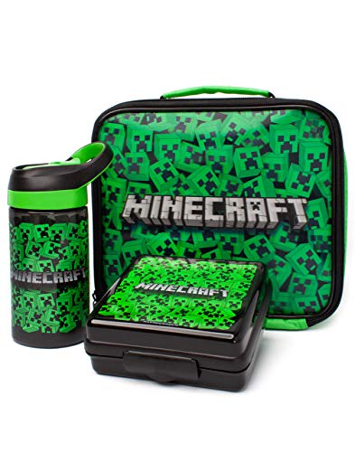 Minecraft Lunch Bag Set | Creeper-Abenteuer für Jungs | Lunchbox, Trinkflasche & Snackdose | Gamer-Merchandise für Kinder | Trage das pixelige Abenteuer bei jeder Mahlzeit Lunch Set von Minecraft