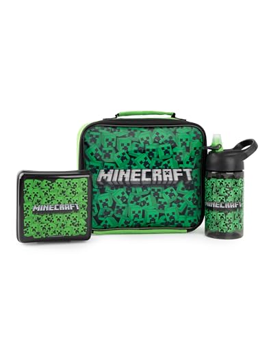 Minecraft Lunch Bag Set | Creeper-Abenteuer für Jungs | Lunchbox, Trinkflasche & Snackdose | Gamer-Merchandise für Kinder | Trage das pixelige Abenteuer bei jeder Mahlzeit Lunch Set von Minecraft