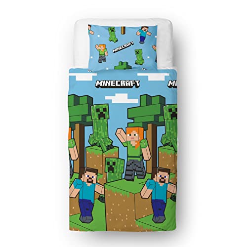 Minecraft Offizielles Bettwäsche-Set für Einzelbett, Episches Design, blau, wendbar, zweiseitig, Bettbezug, offizielles Merchandise-Produkt, inklusive passendem Kissenbezug von Minecraft