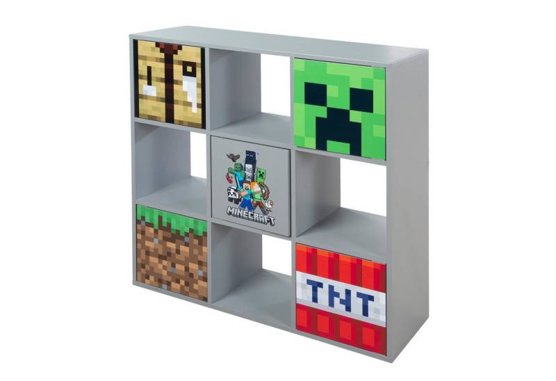 Minecraft Regal mit 4 Fächern & 5 Push to Open Türen - aus Holz mit Minecraft Motiv, 9 Fächer- Stauraumregal für Kinder, Jugendliche & Erwachsene - Grau von Minecraft