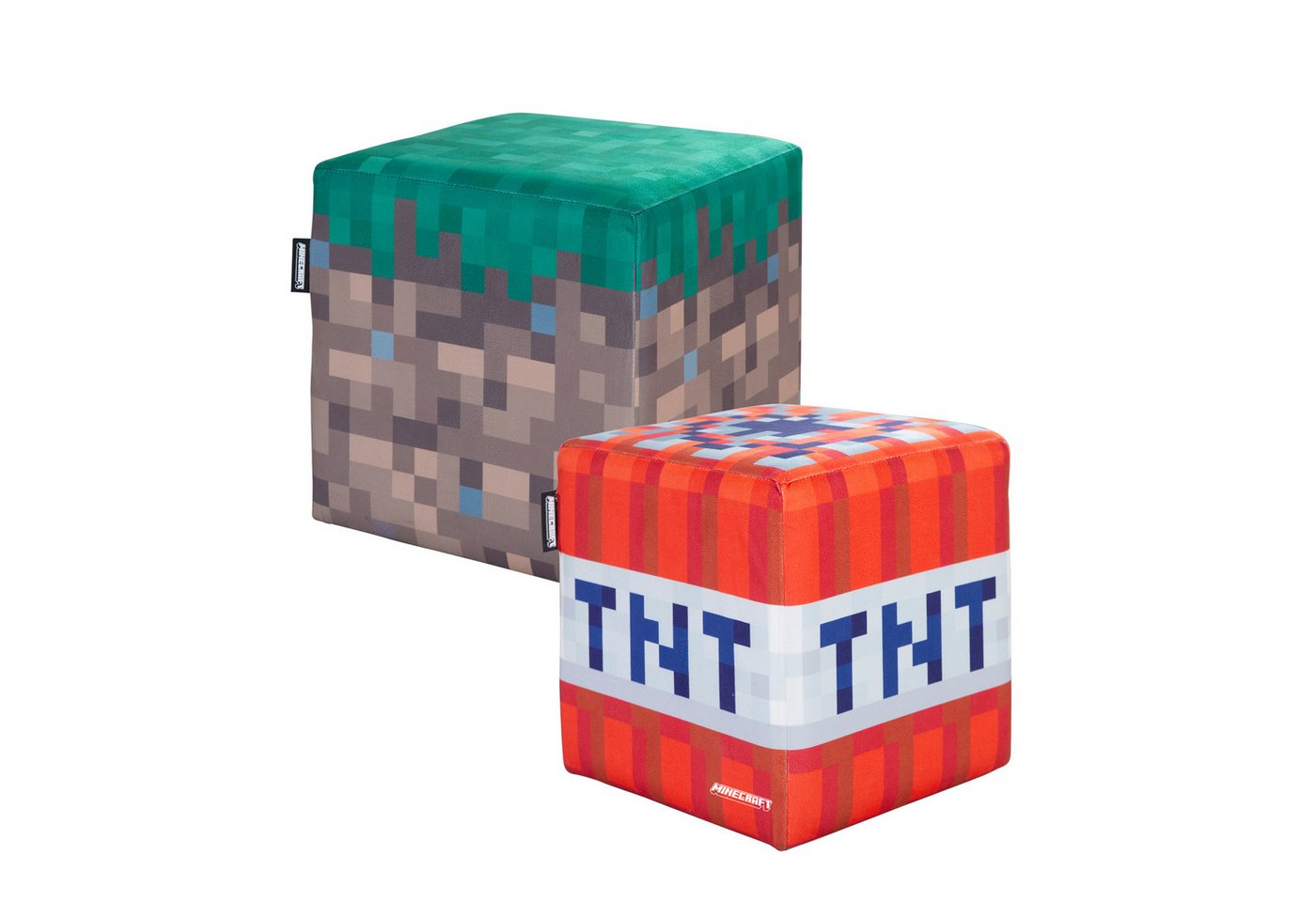 Minecraft Sitzhocker für Kinder, Jugendliche oder Erwachsene - Für Fans des Spiels (Set, 2 St., 1 x TNT Design + 1 x Grasblock Design), Ideal zum Sitzen oder als Deko - Weicher Samtüberzug von Minecraft