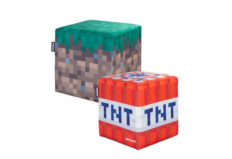 Minecraft Sitzhocker für Kinder, Jugendliche oder Erwachsene - Für Fans des Spiels (Set, 2 St., 1 x TNT Design + 1 x Grasblock Design), Ideal zum Sitzen oder als Deko - Weicher Samtüberzug von Minecraft