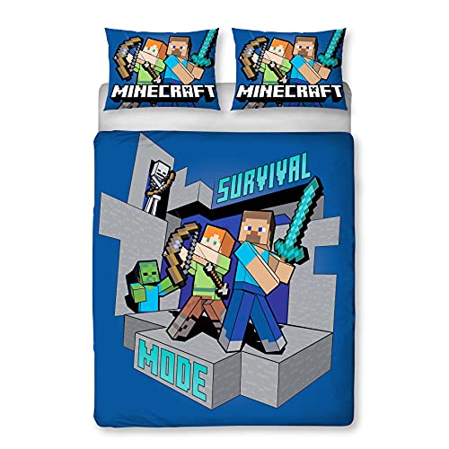 Minecraft Survive Bettbezug, offizielles Lizenzprodukt, wendbar, 2-seitiges Survive-Design mit passendem Kissenbezug, Polycotton, blau (Doppelbett) von Minecraft