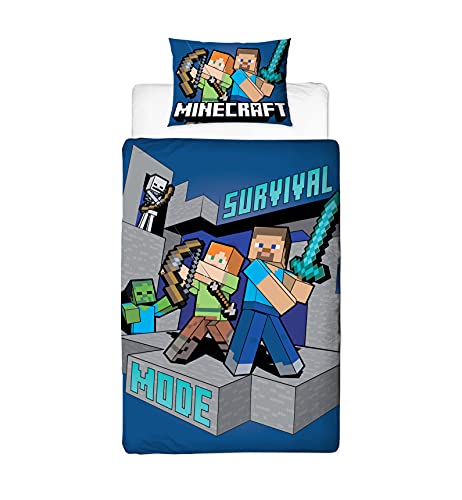 Minecraft Survive Bettbezug für Einzelbett, offizielles Lizenzprodukt, wendbar, 2-seitiges Survive-Design mit passendem Kissenbezug, Polycotton, Blau (Einzelbett) von Minecraft