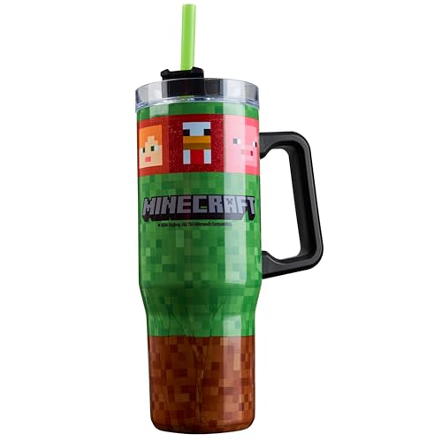 Minecraft Trinkbecher mit Deckel und Strohhalm 940ml, Thermobecher mit Henkel Doppelwandig Isoliert, Hält 17h Kalt, 8h Heiß & 45h Eisgekühlt von Minecraft