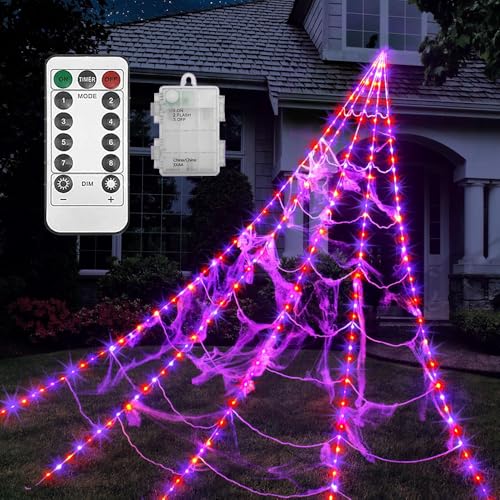 Mineup 5M Halloween Spinnennetz Lichter, 455 LEDs Halloween Deko Outdoor, Spinnennetz Deko Outdoor Lichter mit 8 Modi und Timer, Riesen Spinnweben für Party Indoor Hof von Mineup