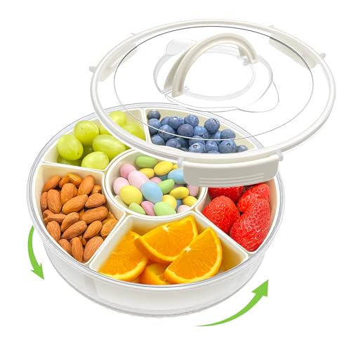 Minfuerang 6-Fach Snackbox Rund-Ø30x10cm- 360° Snack Spinner Drehbar mit Deckel & Griff,Snackdose Organizer Große für Obst,Süßigkeiten,Nüsse,Gewürze, Partys,Picknicks (Cremefarbe) von Minfuerang