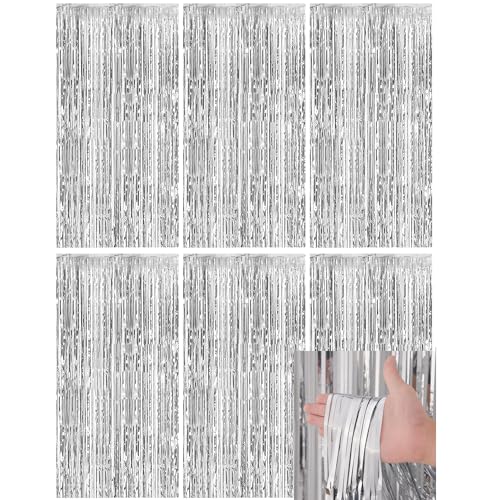 6 Stück Lametta Vorhang 1m x 2m, Glitzervorhang Lametta, Glitzer Party Vorhang, Folien Fransen Hintergrund fur Party Deko Geburtstagsdeko Hochzeit Festivals Bühnendekor (Silbrig) von MingFontec