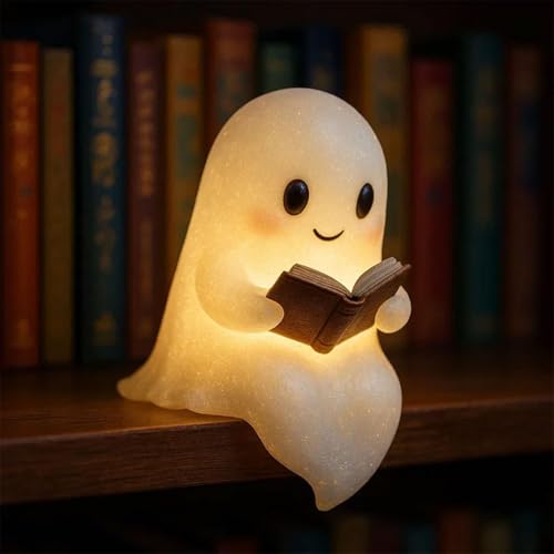 Niedliche Halloween Geisterlampe, 15 cm LED Leselampe Deko 3D LED Geistlampe Mit Buch Design, 2025 Neu Geisters Statue Nachtlicht Für Zuhause Kamin Wohnzimmer Schreibtisch Urlaub Schlafzimmer(C#) von Mingchengheng