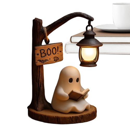 Niedliche Halloween Geisterlampe, 15 cm LED Leselampe Deko 3D LED Geistlantern Mit Buch Design, 2025 Neu Geisters Statue Nachtlicht Für Zuhause Kamin Wohnzimmer Schreibtisch Urlaub Schlafzimmer(A#) von Mingchengheng