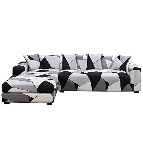 ShowyLive Sofa Überzug Couch Überzug 2er Set für Ecksofa L-Form Sofabezug 3 Sitzer+3 Sitzer, mit 4 Stück Kissenbezug, weiß grau von ShowyLive