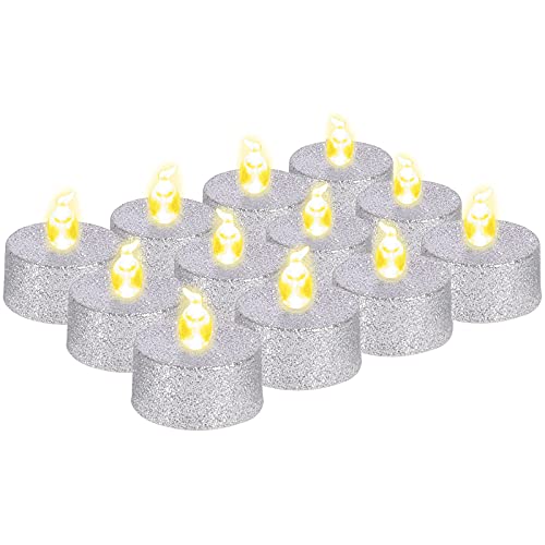 Mingfuxin Flammenlose LED-Teelichter, 12 Stück, realistische flackernde batteriebetriebene LED-Teelichter, elektrische gefälschte Kerzen für Weihnachten, Party, Festival, Hochzeit, Dekoration (Silber) von Mingfuxin