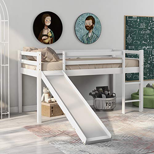 Mingfuxin Kinder-Hochbett mit Rutsche und Leiter, Holz-Etagenbett für Kinder, Rahmen aus massivem Kiefernholz, mit verstellbarer Leiter und Rutsche (weiß, 190 x 90 cm) von Mingfuxin