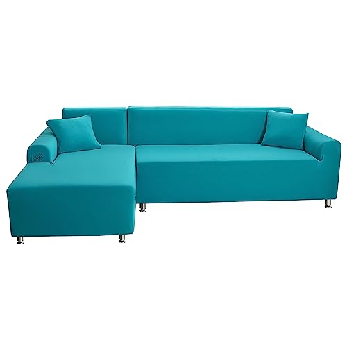 Mingfuxin Sektionale Couchbezüge, Stretch-Sofa-Schonbezüge, L-förmig, rutschfest, Ecksofabezug, Chaiselongue-Schutz mit 2 Kissenbezügen für 3-Sitzer+3-Sitzer, L-Typ, Sektionalsofa, Blau-Peacock Blue von Mingfuxin