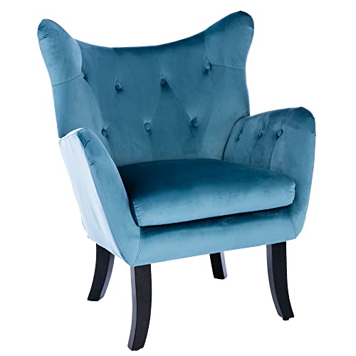 Mingfuxin Wingback Sessel, moderner gepolsterter Stoff hohe Rückenlehne Akzentstuhl mit Holzbeinen, Samtwanne Club Stuhl Einzelsofa Lounge Stuhl für Wohnzimmer, Schlafzimmer, Home Office (Blau) von Mingfuxin
