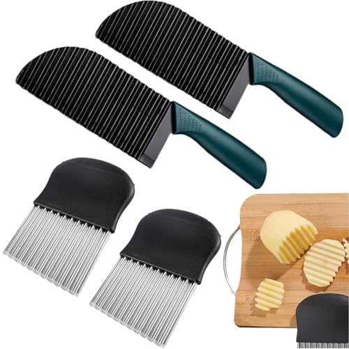 Minging 4 Stück Wellenschneider für Pommes, Wellenschneider Wellenschnittmesser aus Edelstahl Riffelmesser Wellenmesser Buntschneidemesser Kartoffel Gemüsehobel Kartoffel gewellte Klinge (schwarz) von Minging