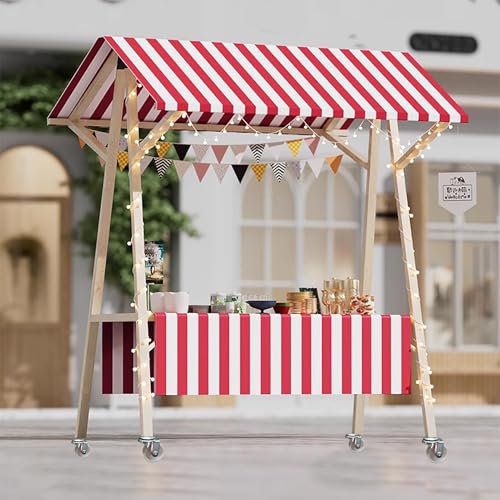Marktstand Verkaufsstand Mobiler Verkaufswagen für Essens- und Eisveranstaltungen, Überdachte Verkaufsstände, Obst- und Blumenständer, Hotdog-Kiosk aus Holz, Faltbar(Red/2,Width/150cm(59")) von Minglez