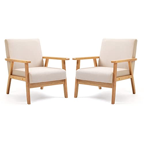 Mingone 2er Set Sessel Gepolsterter Cocktailsessel Skandinavischer Stil Loungesessel Modern Einzelsofa Massivholz für Wohnzimmer Schlafzimmer Beige,64.5x67x73.5 cm von Mingone