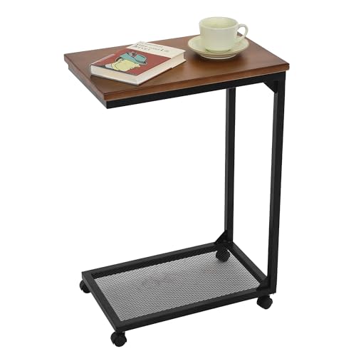 Mingone Beistelltisch Drehbar mit Rollen Couchtisch mit Stauraum C-Form Sofatisch Kleiner Tisch für Wohnzimmer Schlafzimmer Büro Balkon, Braun von Mingone