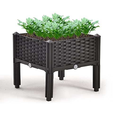 Mingone Blumenkasten Blumentopf Rattan Optik Balkonkasten mit 1 Pflanzgefäß aus Kunststoff mit Wasserspeicher Pflanzkasten für Balkon Garten Terrasse,40x40x38cm(Schwarz) von Mingone