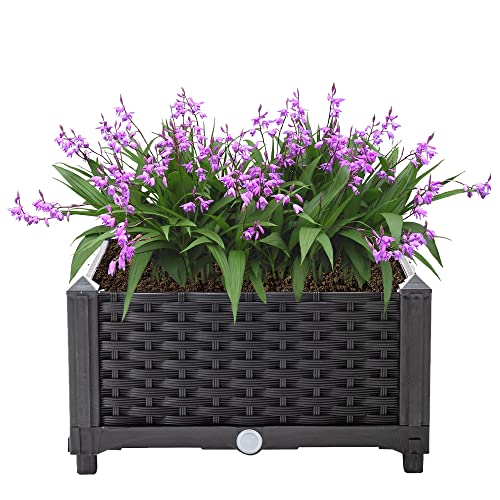 Mingone Blumenkasten Balkon Balkonkasten Blumentopf Rattan Optik mit Wasserspeicher 40 cm Lang Pflanzkasten aus Kunststoff Blumenkübel für Terrasse Garten, Schwarz von Mingone