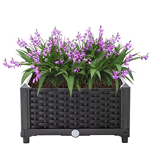 Mingone Blumenkübel Rattan Optik Blumenkasten mit Rankgitter Hochbeet mit Spalier Rankkasten mit Selbstbewässerung für Gärten Hof Balkon(Schwarz 40x40x23cm) von Mingone