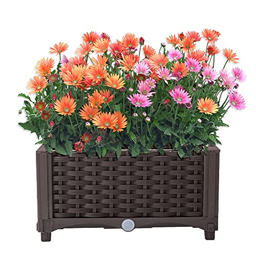 Mingone Blumentopf Rattan Optik aus Kunststoff Blumenkasten Balkonkasten mit Wasserspeicher Pflanzkasten für Balkon Garten Terrasse,40x40x23cm(Braun) von Mingone