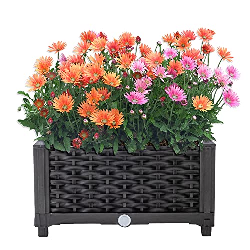 Mingone Blumentopf Rattan Optik aus Kunststoff Blumenkasten Schwarz Balkonkasten mit Wasserspeicher Pflanzkasten für Balkon Garten Terrasse,40x40x23cm von Mingone