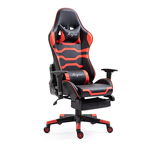 Mingone Bürostuhl Ergonomisch Schreibtischstuhl Verstellbarer Gaming Stuhl mit Fußstütze Bequemer Computerstuhl mit Hoher Lehne Drehstuhl mit Kissen (mit Pedalen, Rot) von Mingone