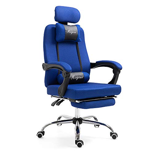 Mingone Bürostuhl Ergonomisch Gamingstuhl Gepolstert Schreibtischstuhl Hoch Verstellbar Stuhl mit Kopfkissen Arbeitsstuhl Drehbar für Büro Spiel-Erholungsraum Arbeitszimmer, Blau mit Fußstütze von Mingone