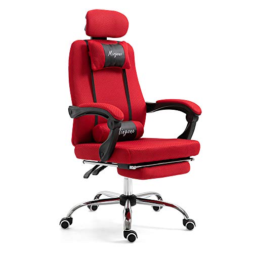 Mingone Bürostuhl Ergonomisch Gaming Stuhl Gepolstert Schreibtischstuhl Hoch Verstellbar Stuhl mit Kopfkissen Arbeitsstuhl Drehbar für Büro Spiel-Erholungsraum Arbeitszimmer, Rot mit Fußstütze von Mingone