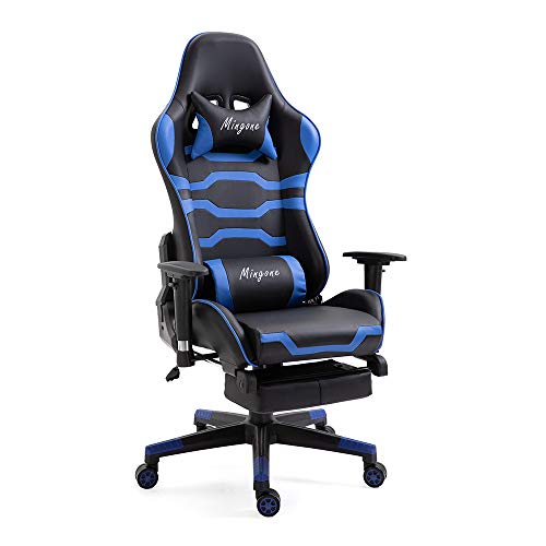 Mingone Gaming Stuhl Computerstuhl Höhenverstellbarer Chefsessel Schreibtischstuhl Ergonomischer Gaming Sessel mit Verstellbaren Armlehnen und Wippfunktion (Blau mit Pedalen) bis 150kg von Mingone