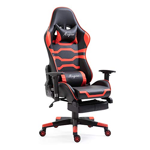 Mingone Gaming Stuhl Computerstuhl Höhenverstellbarer Chefsessel Schreibtischstuhl Ergonomischer Gaming Sessel mit Verstellbaren Armlehnen und Wippfunktion (Rot mit Pedalen) bis 150kg von Mingone