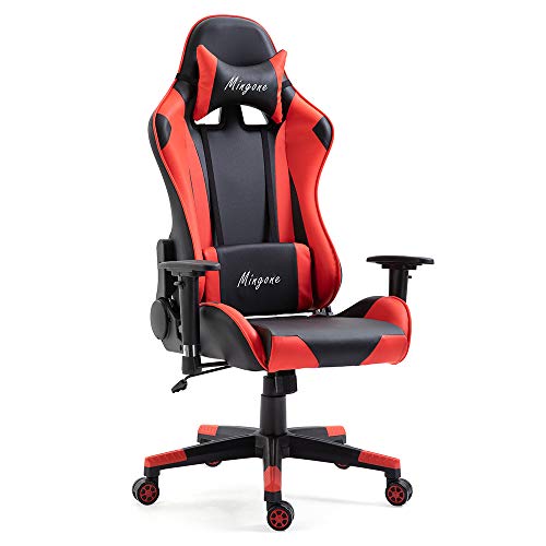 Mingone Gamingstuhl Ergonomischer Racing Stuhl PC Bürostuhl Chefsessel Computerstuhl Höhenverstellbar Verstellbare Rückenlehne bis 150Kg mit Kissen und Armlehnen (Rot ohne Fußstütze) von Mingone