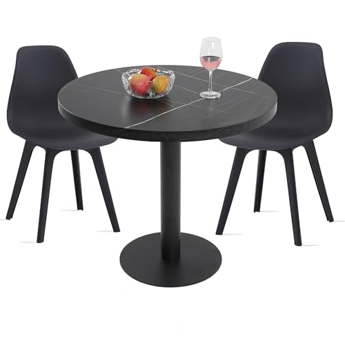 Mingone Esstisch mit 2 Stühlen Essgruppe Set Küchentisch Kleine Marmor Runder Tisch und Stuhl für Esszimmer Küche Wohnzimmer,Schwarz 80x80cm von Mingone