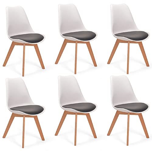 Mingone Esszimmerstühle 6er Set Küchenstuhl Polsterstühle Stühle Wohnzimmer Esszimmer Massivholzbeine mit Kunststoff Kissen (Schwarz/Weiß) von Mingone